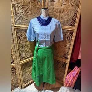 Vintage linen Green Wrap Skirt with painted blue shell